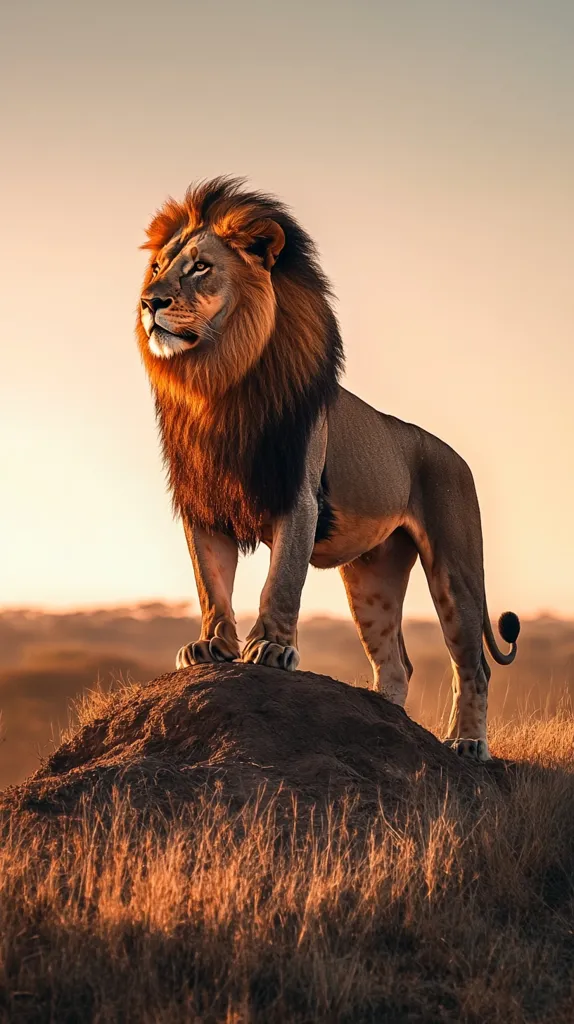A majestic lion with a thick mane stands proudly on a rocky outcrop, his gaze fixed on something beyond the frame. The warm golden light of the setting sun bathes the scene, highlighting the lion's powerful physique and the rugged beauty of the African savanna.  The lion's stance exudes confidence and authority, conveying a sense of strength and dominance.  The image captures a moment of wild beauty and primal power.