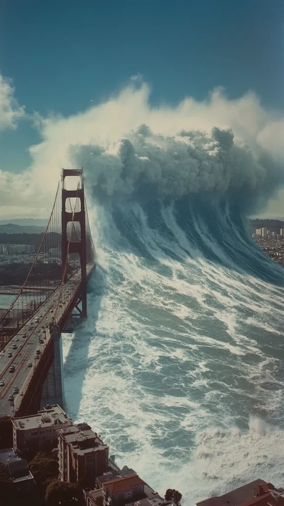 The image depicts a massive tidal wave, resembling a towering wall of water, engulfing the Golden Gate Bridge in San Francisco. The iconic red bridge is partially submerged in the surging water, highlighting the destructive force of nature. The sky is cloudy, adding to the sense of impending doom.