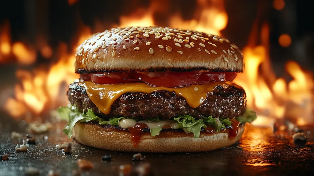 A juicy burger, with melted cheese, tomato, and lettuce, sits on a dark surface in front of a blazing fire. The sesame seed bun is perfectly golden brown and the patty is cooked to perfection.  The flames in the background create a sense of heat and excitement, making the burger even more tempting.