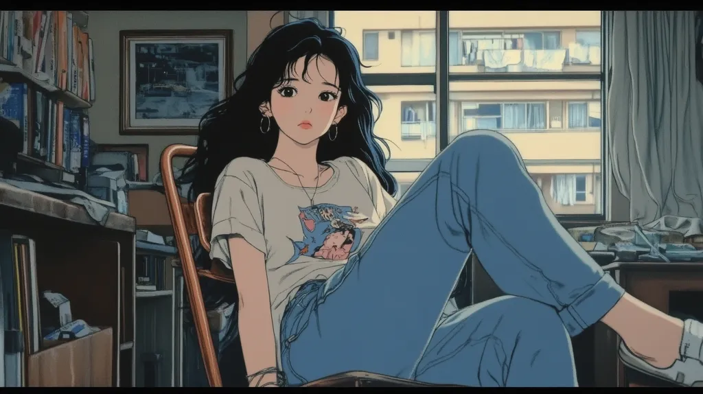 The image is an anime-style illustration of a young woman sitting in a chair. She has long black hair and is wearing a white t-shirt with a graphic design and blue jeans. She is sitting in a room with a window that shows a view of an apartment building. The image has a soft, nostalgic feel.  She is staring straight ahead with a thoughtful expression.  The background has a cluttered feel with various shelves full of books and other items.