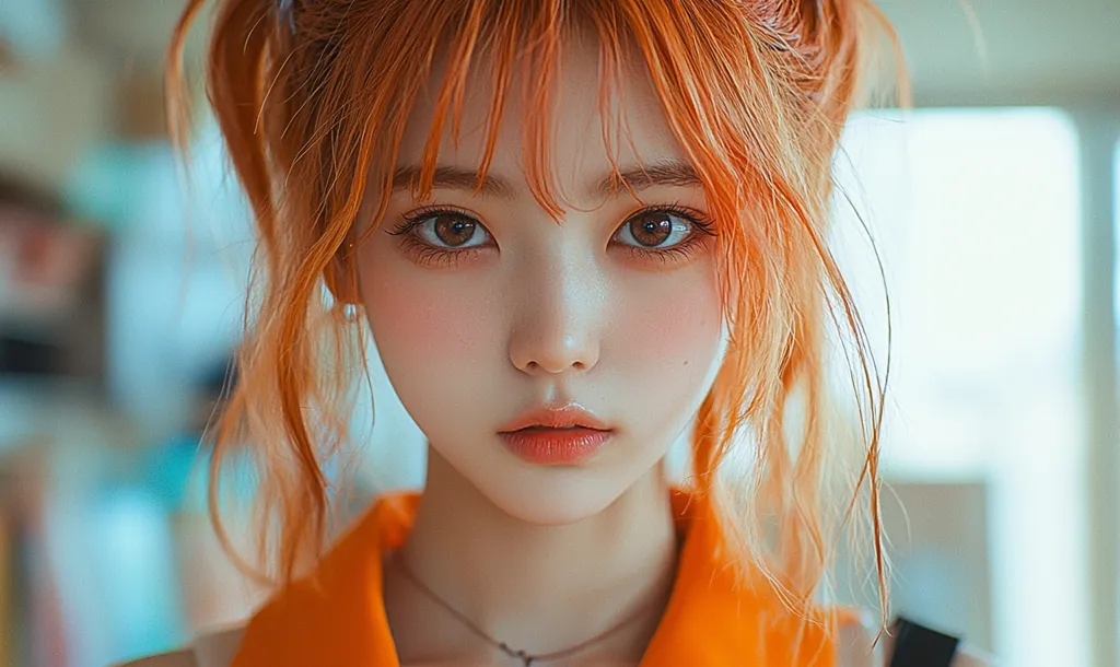 The image shows a young woman with long orange hair pulled back in two loose ponytails. She is looking directly at the camera with a soft, neutral expression. Her skin is fair and she has a delicate, feminine appearance. She is wearing a bright orange shirt. The background is out of focus and blurred, making the subject stand out.