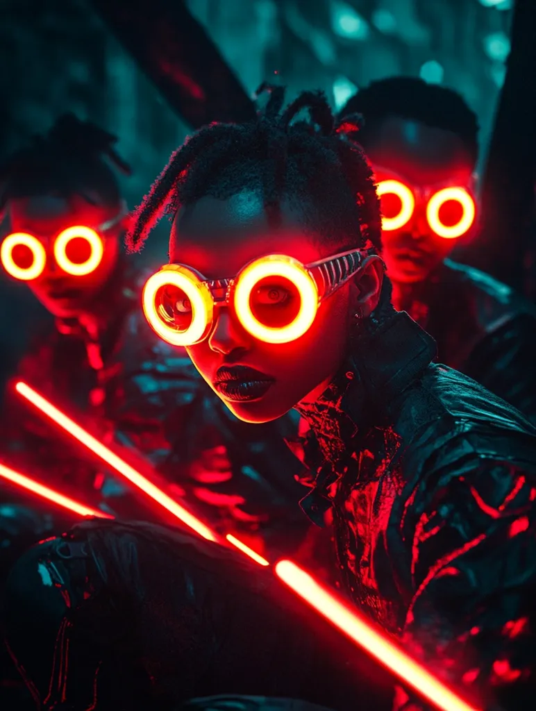 A group of people are wearing futuristic goggles with red neon lights. Two glowing red lightsticks cross in front of the group, casting a dramatic glow on their faces. The image has a dark and moody aesthetic, with a sense of mystery and intrigue.  The overall tone of the image is cyberpunk.