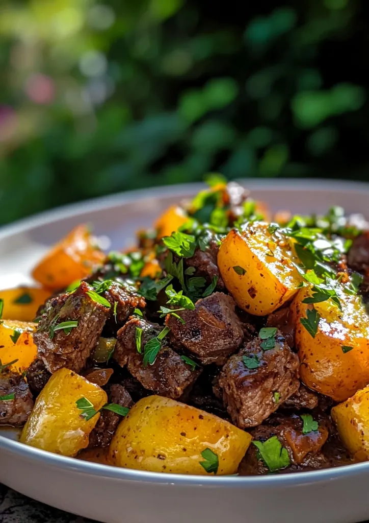 A close-up of a white bowl filled with a savory dish. The dish consists of cubes of beef, chunks of potato, and a sprinkle of chopped parsley. The potatoes are a vibrant yellow, while the beef is a rich brown color. The parsley adds a touch of green to the dish. The meal is presented on a white plate, and the background is blurred, focusing attention on the food.