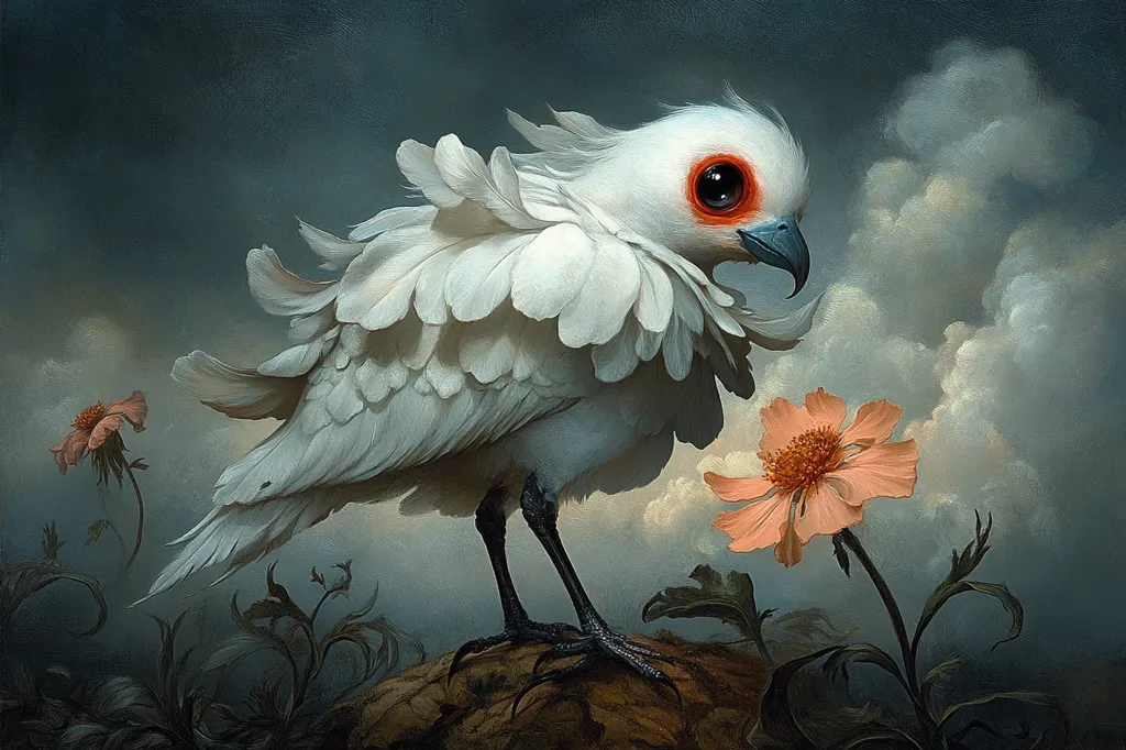 The image depicts a white bird with an orange eye and a black beak. The bird is standing on a rock with its wings spread out, looking towards the right. Behind the bird, there are two flowers in bloom. The background is a soft blue with white clouds. The bird's feathers are detailed and realistic, giving the impression of a soft, fluffy texture. The overall mood of the image is calm and serene.