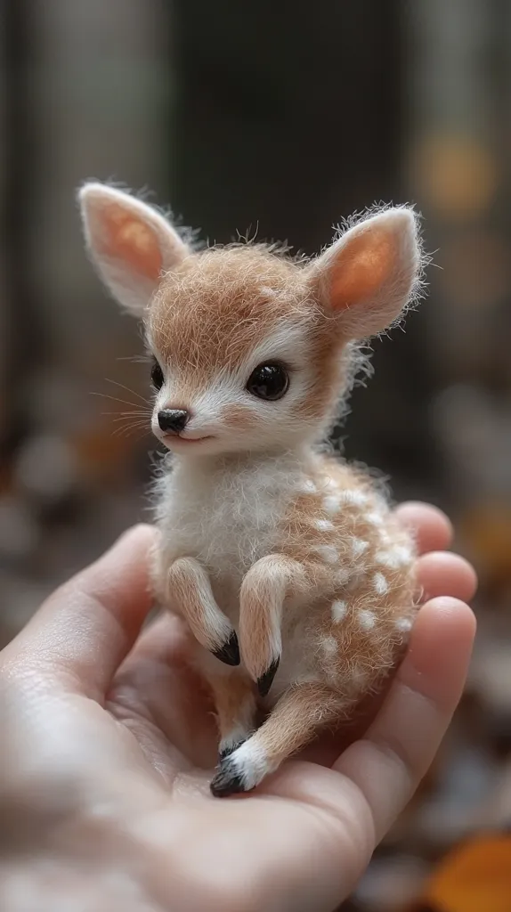 A small, fluffy fawn with large, dark eyes sits in the palm of a hand. The fawn is a light brown color with white spots and has a soft, furry coat. It has large ears and a small, pointed nose. The fawn is looking up at the camera with a curious expression. The hand is holding the fawn gently, and the background is out of focus.