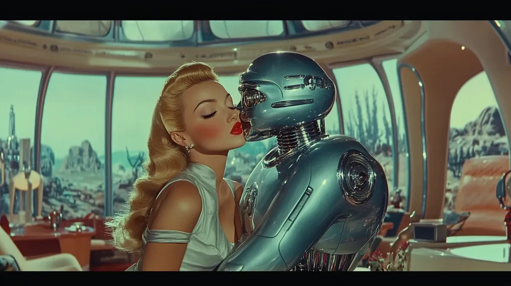 A woman with long blonde hair, wearing a white dress, leans in to kiss a silver robot. The robot has a large, round head with a single eye. They are standing in a futuristic setting with large windows and a view of a rocky, barren landscape. The woman's expression is passionate, while the robot's face is blank. The scene evokes a sense of romance and the exploration of artificial intelligence in a futuristic world.