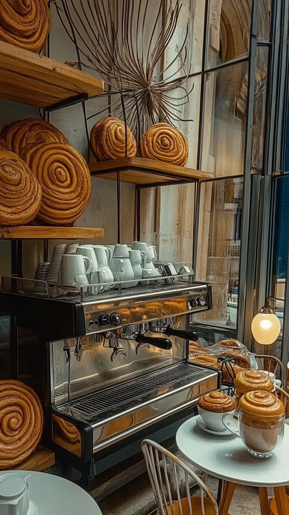 A modern cafe interior with a sleek espresso machine and rows of sweet, cinnamon rolls displayed on wooden shelves. The warm tones of the wood and the light streaming through the large windows create a welcoming atmosphere. Cups of coffee rest on a white table, ready for the next customer.