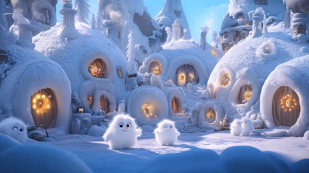 The image shows a snowy village with round, white, igloo-like houses.  The houses have glowing windows and doorways with decorative wreaths. Two white, fluffy creatures with smiling faces stand in the snow in front of the houses.  The snow is deep and pristine, and the sky is a pale blue.  It is a picturesque winter scene with a magical, whimsical atmosphere.