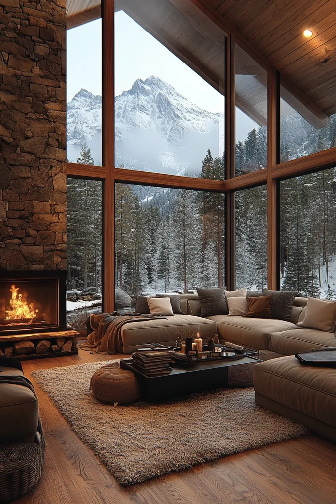 The image shows a cozy living room with a large sectional sofa placed in front of floor-to-ceiling windows offering breathtaking views of a snow-capped mountain range and a snowy forest. A fireplace on the left side of the room adds warmth and ambiance.  The room is decorated with rustic wooden beams, soft furnishings, and a fluffy rug, creating a welcoming and serene atmosphere.