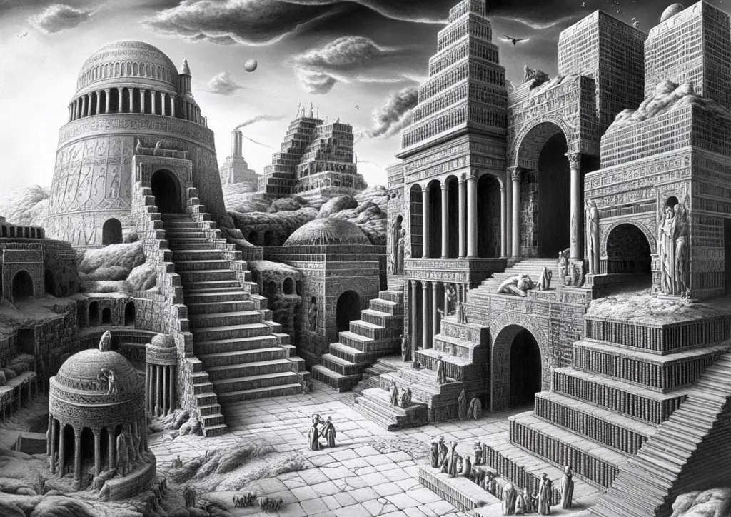 A black and white image of a fantastical, multi-levelled city. The image is a complex and intricate illustration of architecture with many stairs, columns, arches, and buildings. It appears to be a drawing of a fictional city, possibly inspired by ancient civilizations.  Several figures are visible within the scene, adding scale and a sense of life to the impressive architecture.
