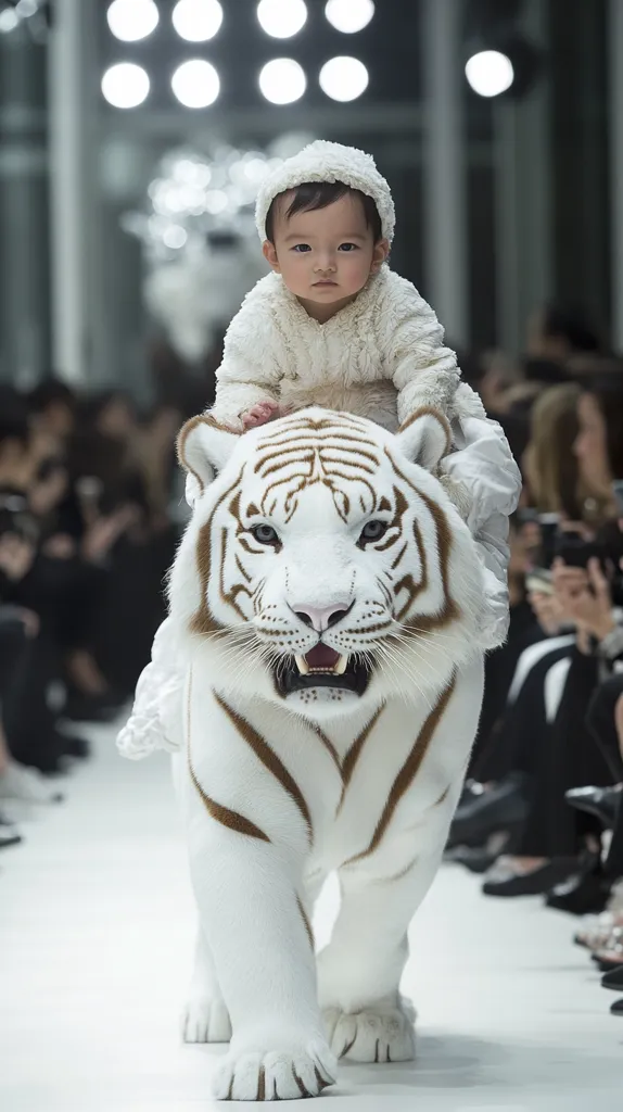 A young child in a white fur coat is sitting atop a large, white tiger with brown stripes. The tiger walks down a runway, with the child facing forward, as other people watch from the side. The child's expression is serious and the tiger's face is somewhat menacing. The scene is illuminated by bright, white lights.