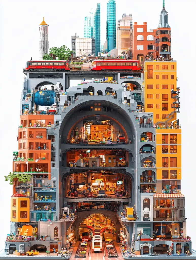 A meticulously crafted Lego city model stands tall, showcasing an intricate cross-section of urban life.  From towering skyscrapers to a bustling underground train system, the model captures the vibrancy of city living. The attention to detail is remarkable, with miniature shops, vehicles, and even tiny people populating the scene. The building's layered construction provides a glimpse into the diverse activities happening above and below ground, highlighting the interconnectedness of city life.