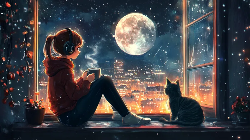 A young woman with headphones sits by a window, gazing out at a cityscape. The moon is full and bright, casting a warm glow over the city below. The woman holds a steaming mug, and a cat sits beside her, looking out at the view. The scene is peaceful and serene, with a sense of calm and contemplation.  A small potted plant sits in front of her, and snow falls gently outside the window. The image evokes a feeling of warmth, comfort, and quiet reflection.