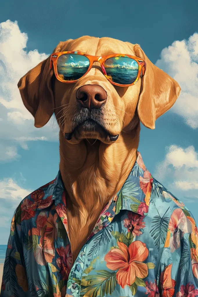 A golden retriever dog is wearing a bright blue Hawaiian shirt with a tropical floral design. The dog is wearing large orange sunglasses that reflect the sky. The dog has a serious expression, making it look like a cool and confident dude. The background is a sunny, blue sky with fluffy white clouds. The dog's fur is a warm golden color, and the lighting on the image is soft and natural.