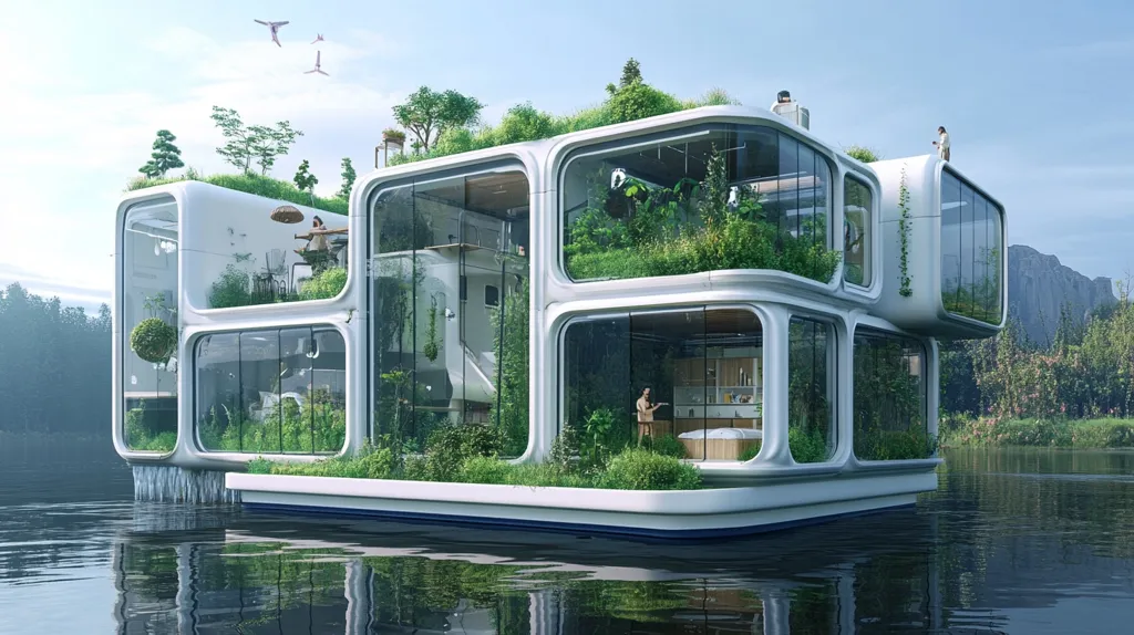The image shows a futuristic, multi-level house built on a platform floating on a lake. The house is made of white concrete and glass, with large windows that offer views of the surrounding nature. The house has a green roof and features plants growing both inside and outside. It appears to be a sustainable and eco-friendly design,  blending seamlessly with the natural environment.  There are people visible inside and outside the house, suggesting a comfortable and modern living experience.
