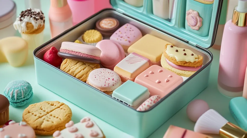A light blue metal lunchbox filled with an assortment of colorful and sweet treats. The box is open and filled with pink and white frosted cookies, chocolate-covered pastries, and macarons. It's surrounded by other snacks, including a cookie and a small blue macaron. Two pink bottles sit beside the box, one with a gold cap.