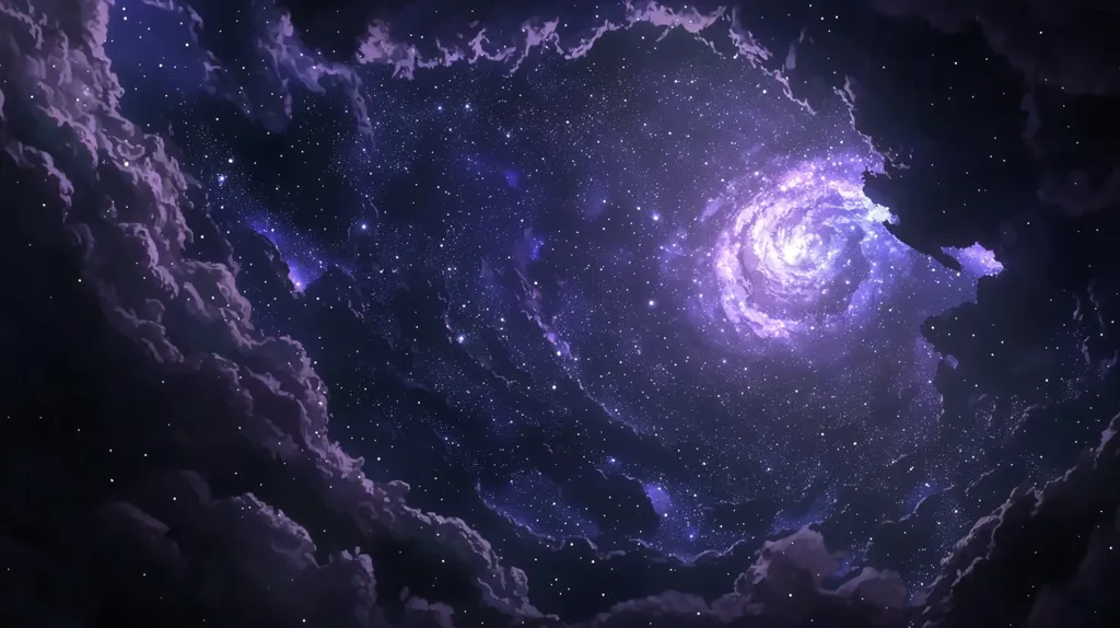 The image depicts a vast expanse of space, filled with countless stars. In the center, a swirling nebula shines brightly, its purple hues casting a glow on the surrounding stars.  Dark clouds drift across the scene, adding depth and mystery to the celestial spectacle.