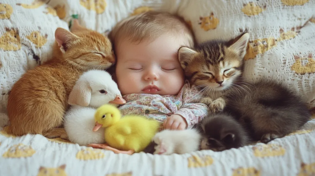 A baby girl sleeps peacefully in a bed surrounded by three kittens, a duckling and a white fluffy chick. The baby is nestled in a white and yellow floral patterned blanket. The kittens are all sleeping, snuggled up to the baby. The duckling and chick are also asleep, looking very cozy. The scene is very sweet and heartwarming.