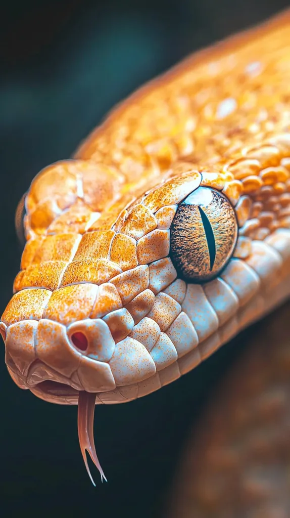 A close-up shot of a snake's head, its scales are visible, and its eye is focused on the camera, giving the viewer a sense of the snake's intensity. Its tongue is forked and flicking in and out, demonstrating its ability to sense its surroundings. The snake's colors are a vibrant orange and white, creating a striking contrast. The background is blurred, allowing the viewer to focus on the snake's features.