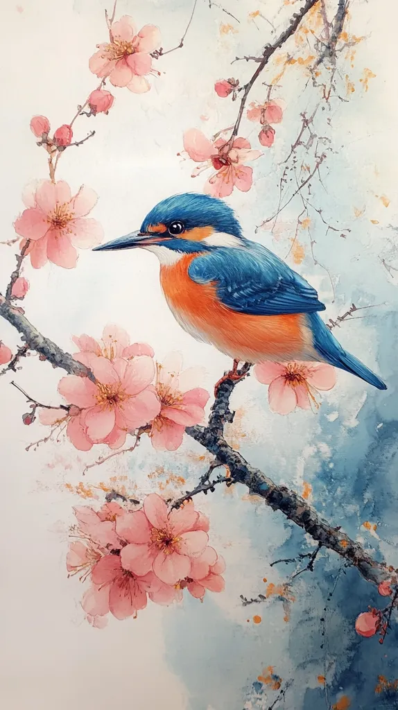 A watercolor painting of a blue and orange kingfisher perched on a branch of a blooming tree. The kingfisher has a long beak and bright blue feathers with an orange breast. The tree's delicate pink flowers are in full bloom. The background is a soft blue and white watercolor wash. The painting is a beautiful example of the artist's skill and attention to detail.