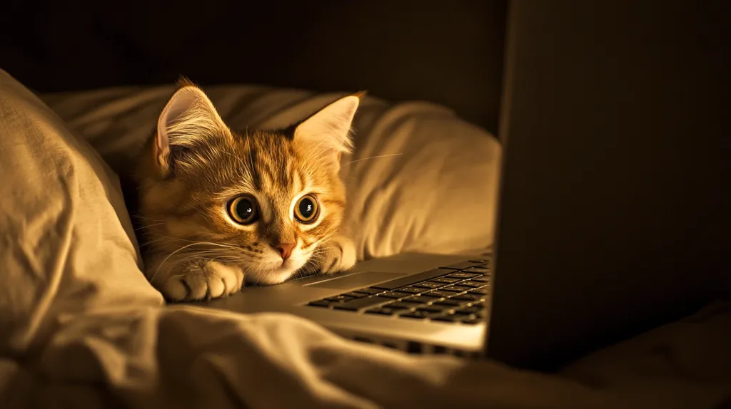 A curious cat with wide, bright eyes peeks over the edge of a laptop keyboard, its paws resting on the edge of the device. The cat is nestled in soft bedding with a laptop in front of it. The light from the screen illuminates the cat's face and the surrounding area, creating a warm and inviting atmosphere.  The cat seems to be intently watching the screen. The image captures the playful curiosity of cats and their fascination with technology.