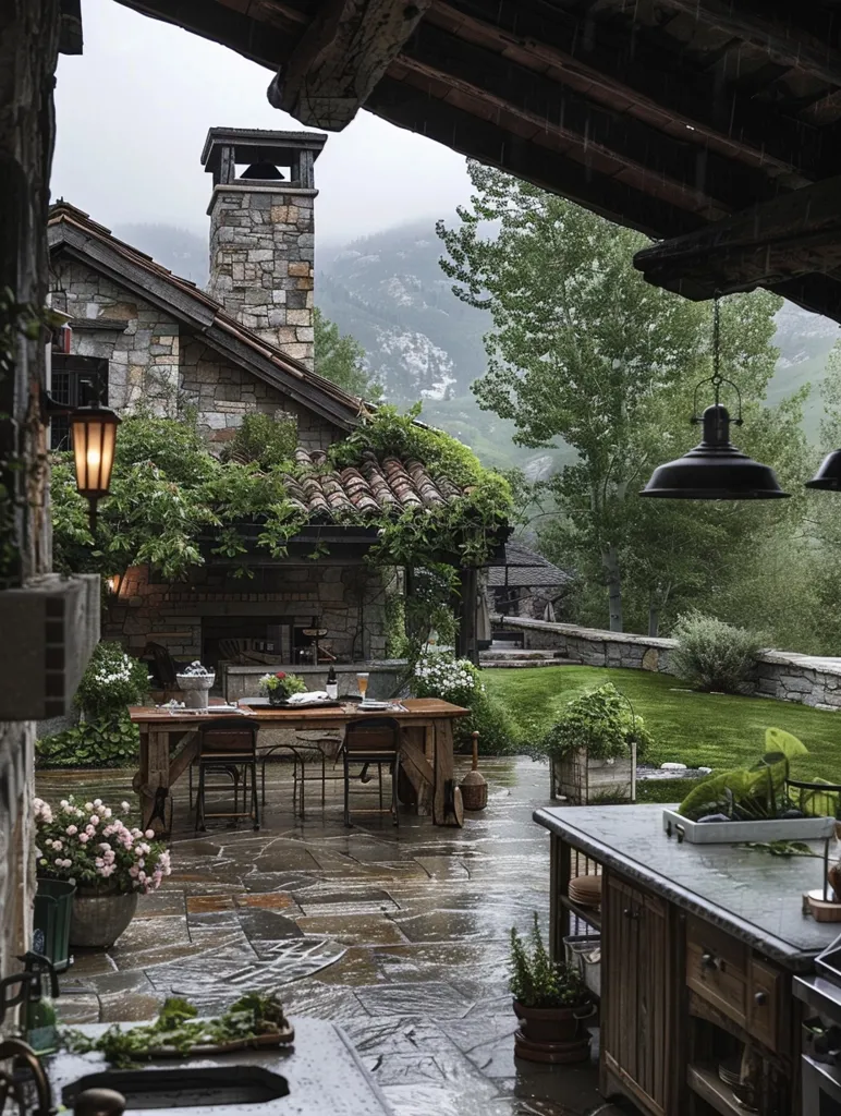 The image shows a rustic patio with a stone fireplace, a wooden table and chairs, and a large outdoor kitchen. The patio is surrounded by lush greenery and a view of a mountain range in the distance. It is raining, and the patio is wet. The scene is peaceful and inviting, with a sense of tranquility and solitude.  A large, rustic wooden beam casts a shadow on the cobbled patio.  A  hanging light over the outdoor kitchen adds to the ambiance.