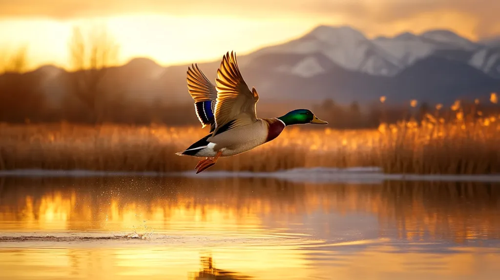 A mallard duck flies low over a calm lake, its wings outstretched against the backdrop of a golden sunset. The water reflects the warm colors of the sky, creating a serene and picturesque scene. The duck's silhouette is emphasized against the soft light, creating a sense of peace and tranquility.  A distant mountain range adds depth to the landscape.