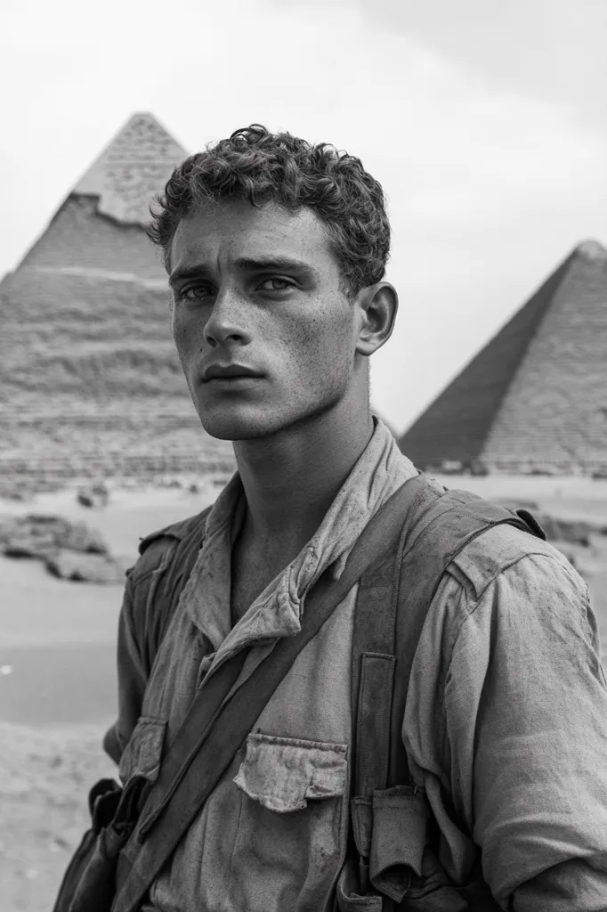 A young man with curly hair stands in front of the Great Pyramids of Giza. He wears a worn military jacket, suggesting a journey or adventure. The image is in black and white, enhancing the timeless and historical nature of the scene. The man's gaze is intense, conveying a sense of determination or contemplation.