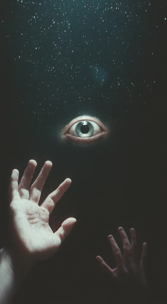 A large, open eye with a light blue iris peers down from a dark, starry sky. A hand, reaching up towards the eye, is illuminated by a faint light. The image creates a sense of mystery and unease, leaving the viewer to wonder what lies beyond the eye.