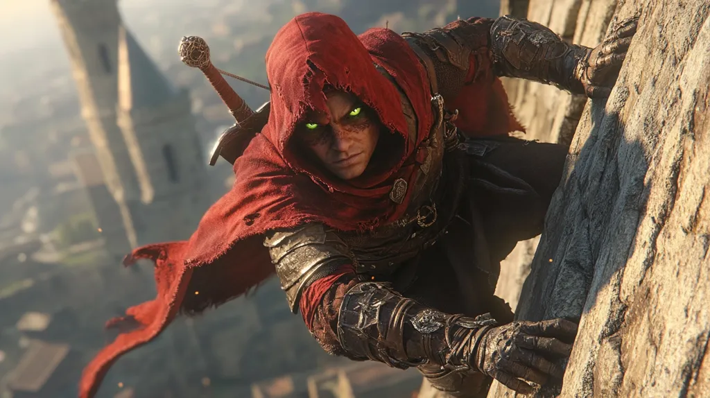 A man in a red hooded cloak with glowing green eyes climbs a stone wall. His face is grim and determined. He holds a sword with a long, ornate hilt in his left hand. The background is a blurry cityscape with tall buildings and a church spire. The scene is a mix of action and mystery.