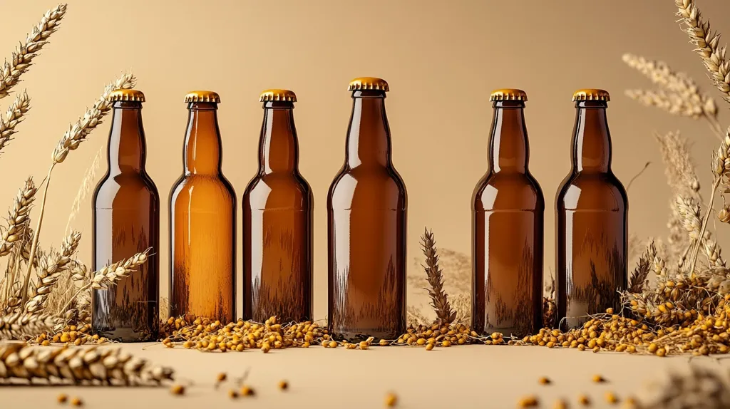Six brown glass bottles with gold caps stand in a row on a tan background. The bottles are surrounded by dried wheat stalks and small, round grains. The image evokes a sense of rustic simplicity and the warmth of a harvest season.