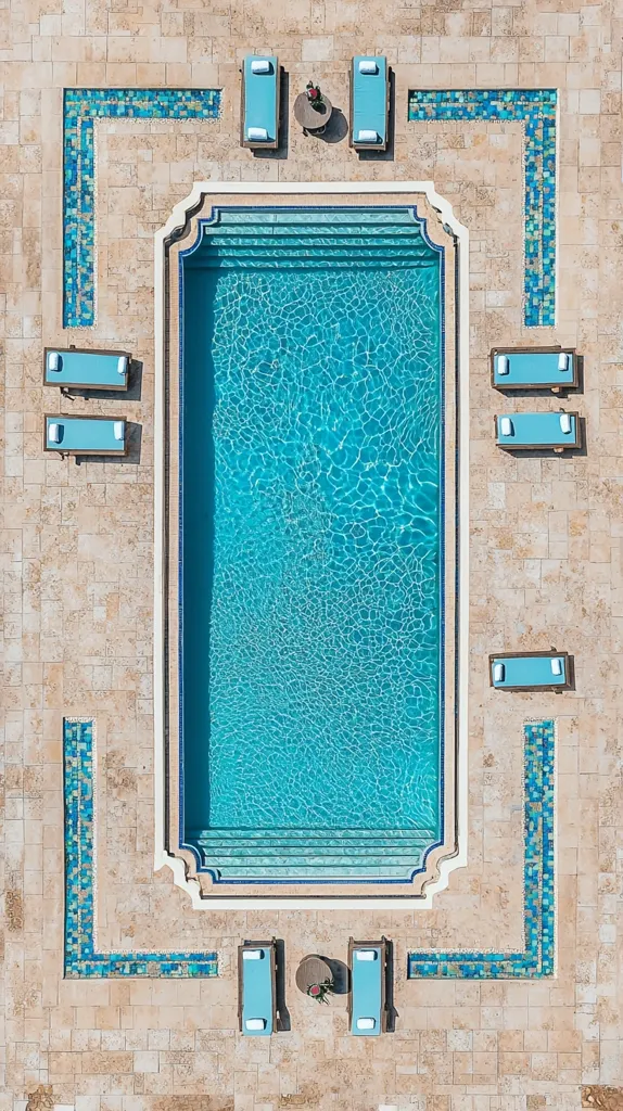An aerial view of a swimming pool with a light blue tiled border and a tan tiled deck. The pool is rectangular and surrounded by loungers on the deck.  The entire pool is visible and the water is sparkling and blue. There are two small tables on the deck with plants in them. The deck is surrounded by a light brown tiled surface.  The image is taken from a bird's eye view.