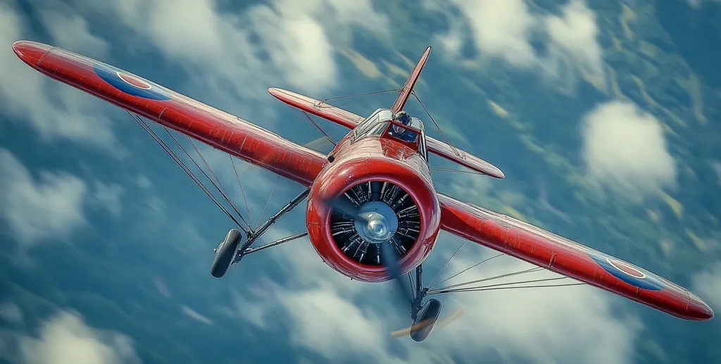 A red biplane flies through a cloudy sky. The plane is in focus, and the clouds are blurred in the background. The plane's propeller is spinning, and the sun is glinting off its metal surfaces. The plane is flying low to the ground, and the clouds look like cotton candy.  The plane has a roundel on its wings, and it looks like it's been restored.  The pilot is visible in the cockpit, wearing a flight helmet.