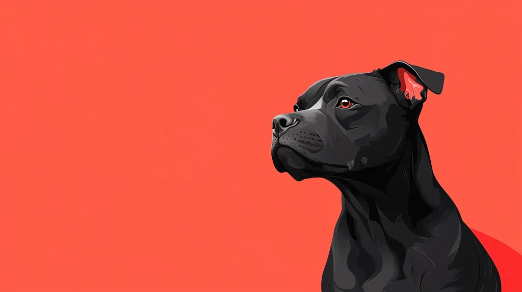 The image shows a black dog with a muscular build, looking off to the side. It has a serious expression and is set against a bright orange background. The dog's ears are cropped, and its fur is sleek and shiny. The sharp contrast between the dog's black fur and the bright orange background creates a visually striking image.