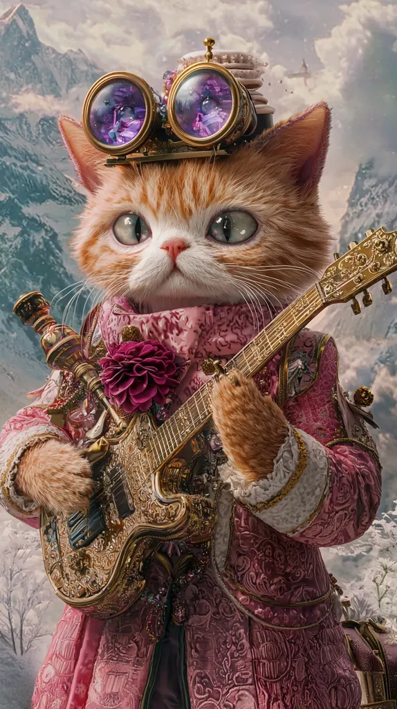 A ginger cat with a steampunk aesthetic is dressed in a pink and gold ornate jacket and holding a gold-plated guitar. It is wearing round, purple goggles on its head and has a serious expression on its face. The background is snowy and blurry, with the cat in focus. The cat seems to be playing music on the guitar.