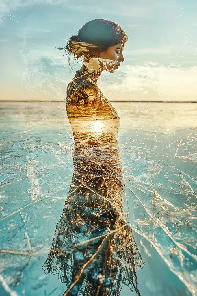 A woman in a long dress stands on a frozen lake, the ice reflecting the blue sky. The woman is partially obscured by the cracked ice, which gives the appearance of a double exposure effect. The image creates a sense of mystery and ethereal beauty.