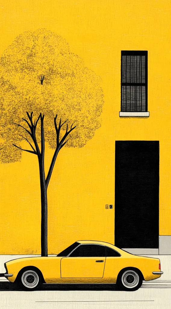 A yellow car sits parked in front of a building with a black door and a black window. A large tree stands to the left of the car, its branches reaching towards the building. The entire scene is set against a bright yellow background. The image uses minimal details and a simple, stylized aesthetic.
