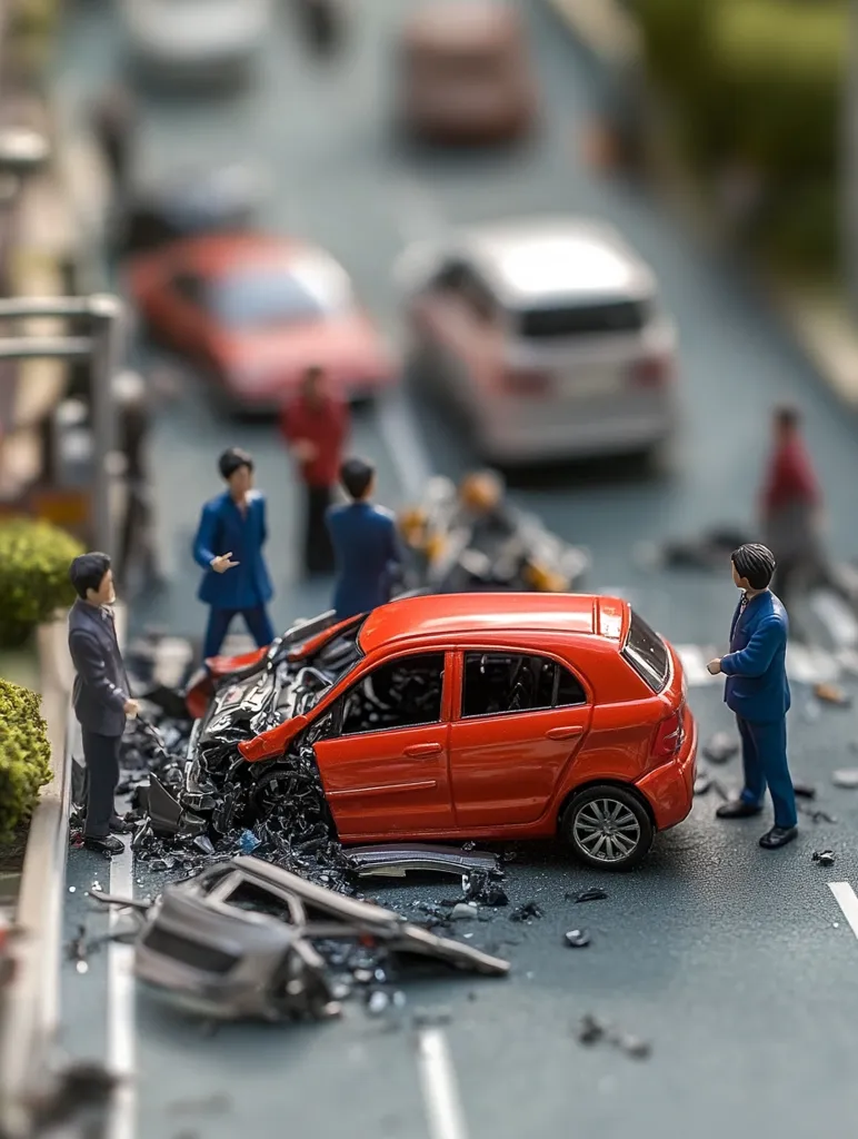 A miniature red car has crashed into another vehicle, leaving debris scattered across the street. Miniature figures, including police officers and bystanders, stand around the wreckage. The scene is a model city street, with other vehicles parked in the background. The image captures the aftermath of a minor car accident, showcasing the miniature details and the sense of realism in a model world.