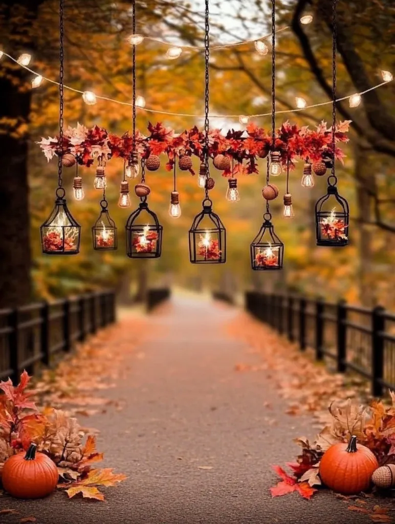 A path lined with fallen leaves leads through an autumnal forest. Above, a string of lights hangs between branches adorned with red leaves. Six lanterns dangle from the lights, their flames casting a warm glow. The scene is a cozy and inviting invitation to stroll through the picturesque autumn landscape.