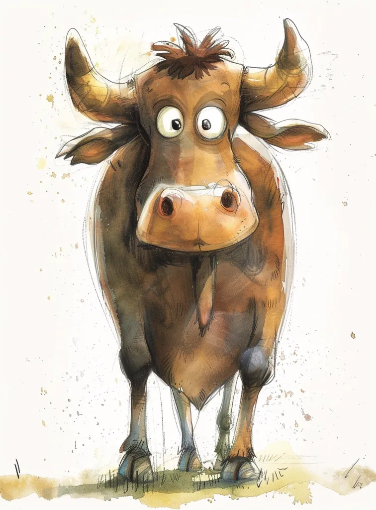 The image depicts a cartoon bull with large, wide eyes and a surprised expression. The bull is brown with a white patch on its chest and is standing on a light brown background. The artist has used a watercolor technique to create a textured and slightly messy look.  The bull's stance and expression create a humorous and lighthearted feel to the artwork.
