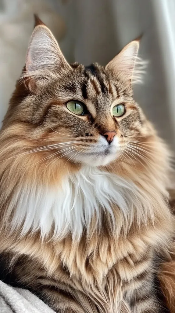 A fluffy, long-haired cat with brown and black tabby markings sits on a white blanket.  It has piercing green eyes and a white ruff around its neck. The cat is looking off to the side, with a thoughtful expression. The photo is focused on the cat's face and fur, with the background blurred. The image evokes a sense of softness and tranquility.