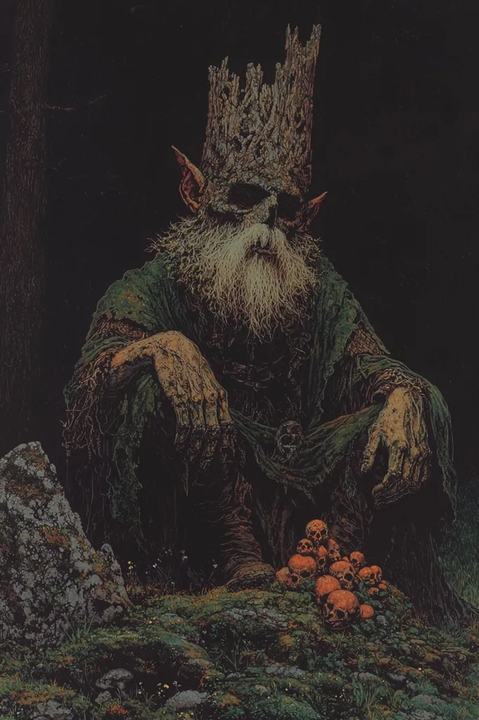 A grotesque, skeletal figure with pointed ears sits on a mossy ground, wearing a tattered cloak and a crown made of branches. He has a long, white beard and his skin is covered in textures reminiscent of bark. He sits with his hands clasped, gazing down at a pile of skulls at his feet. The dark, forested background adds to the eerie, otherworldly atmosphere.  The image evokes a sense of ancient power and sinister magic.
