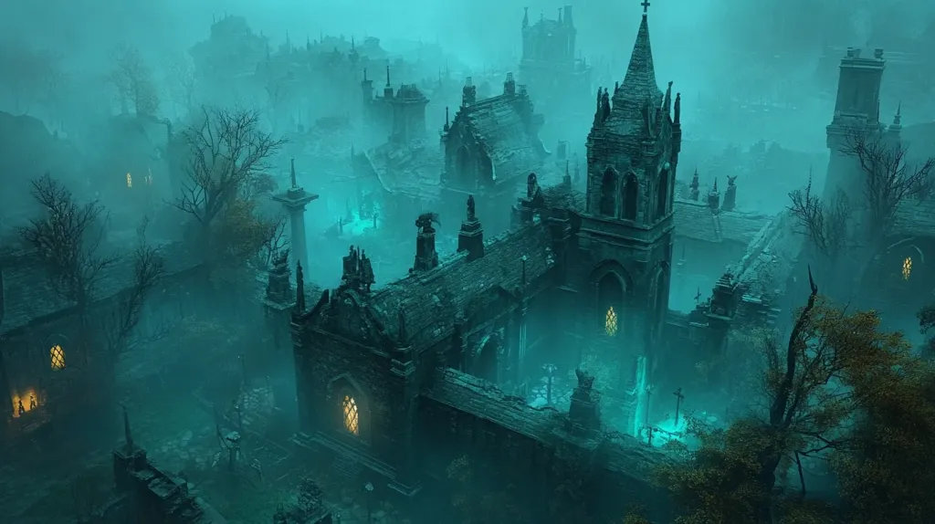 A misty, haunting scene of a gothic graveyard. An eerie green light illuminates crumbling buildings and overgrown trees.  The tall, pointed spire of a central structure reaches toward the sky, while a nearby, smaller tower is bathed in a yellow glow.  The overall effect is one of decay and forgotten mystery.