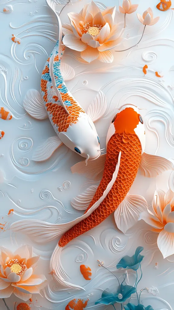 The image shows a paper-cut artwork depicting two koi fish swimming amongst paper-cut lotus flowers and water. The fish are realistically detailed, with one white and one orange with intricate scales. The background features a white paper texture that simulates water, creating a serene and elegant scene. The image is a beautiful example of the art of paper cutting.