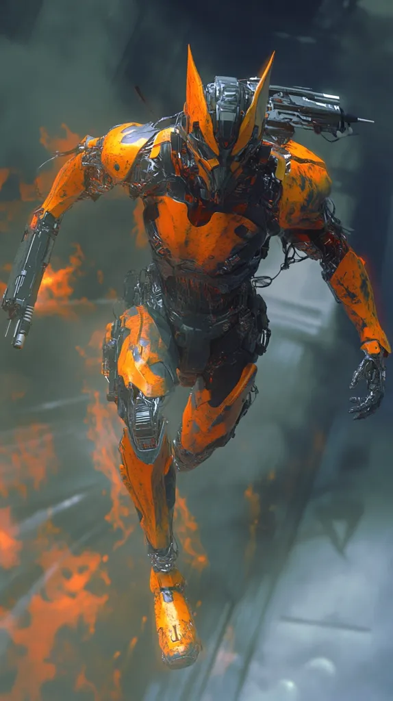A futuristic robot, clad in orange armor, runs towards the viewer. The robot is intricately detailed, with exposed wires and gears, and carries a large weapon in its hand. It's running on a platform surrounded by mist, creating an otherworldly and slightly unsettling atmosphere. The robot's sharp angles and aggressive stance suggest it's a powerful and potentially dangerous being.
