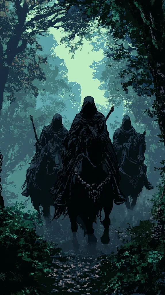 The image depicts three figures, shrouded in darkness, riding through a dense, mysterious forest. Their faces are hidden, and their cloaks billow in the wind. The forest is thick with trees, and the light is dim, creating an eerie atmosphere. The figures appear to be moving towards something in the distance, their purpose unknown.  The overall feel is one of mystery and intrigue.