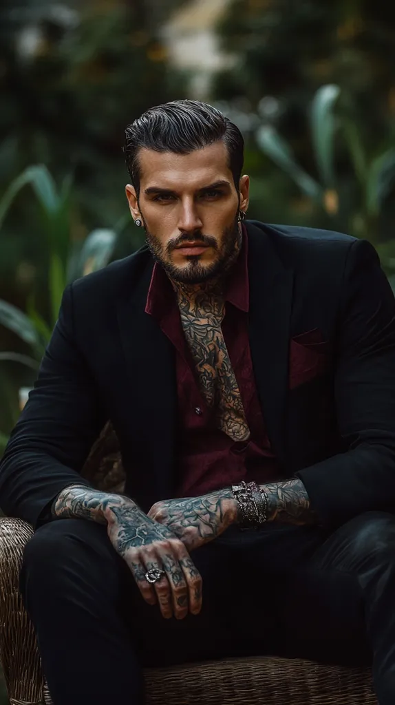 A man with slicked back hair and a beard is wearing a black suit jacket over a maroon button-down shirt.  His arms are covered in tattoos, and he is wearing several rings and bracelets.  He sits in a wicker chair, looking directly at the camera.  The background is blurred, with green foliage out of focus.  The image has a dark and moody feel.