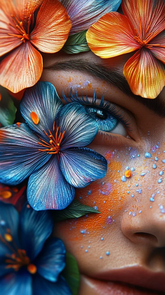 A woman's face is adorned with vibrant flowers and makeup.  A single blue eye with long eyelashes is partially visible.  Her skin is covered in orange and blue paint, and she has tiny blue and orange dots scattered across her cheek.  A single blue flower with orange accents covers most of the right side of the image.  Orange and yellow flowers are visible in the background.  The image has a whimsical and ethereal feel.