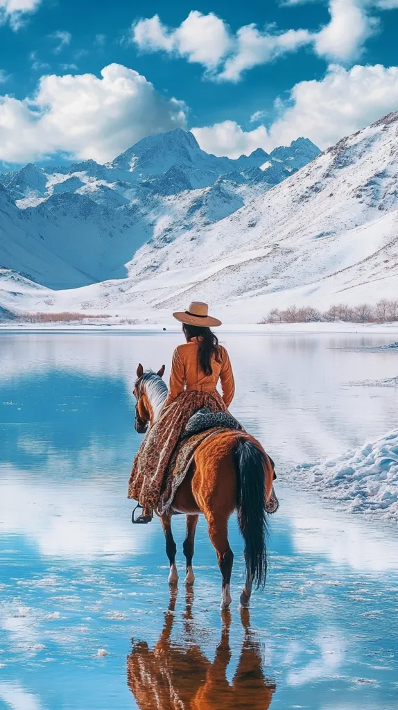 A woman in a brown coat and cowboy hat rides a brown horse across a frozen lake. The lake is surrounded by snow-capped mountains and a bright blue sky.  The image is serene and peaceful, capturing the beauty of a winter landscape.