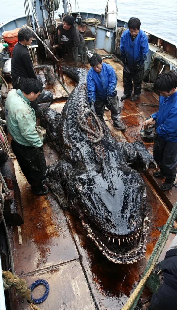 A large, black, dead sea creature with sharp teeth lies on the deck of a fishing boat. Several men in work clothes stand around it, some holding ropes. The creature's skin is covered in a dark, oily substance.  The wooden deck is stained with dark liquid.